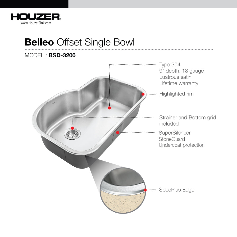 Houzer BSH-3200 Belleo 32 Inch Stainless Steel Drop-In Topmount Single Bowl Offset Kitchen Sink