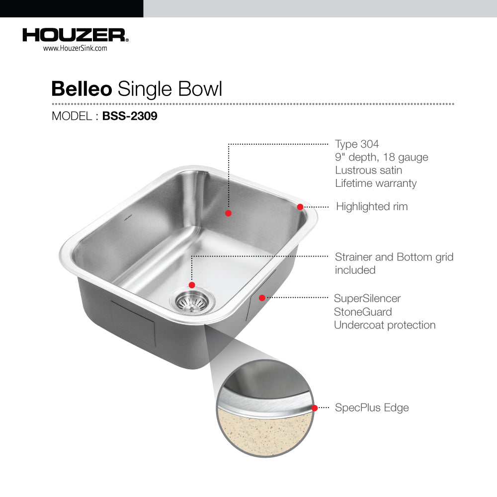 Houzer Belleo Stainless Steel Drop-in Topmount Single Bowl Kitchen Sink - Parent