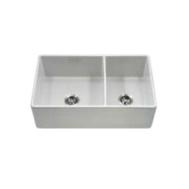 Hamat H-CHE-3320DA64 Apron-Front Fireclay 60/40 Double Bowl Kitchen Sink