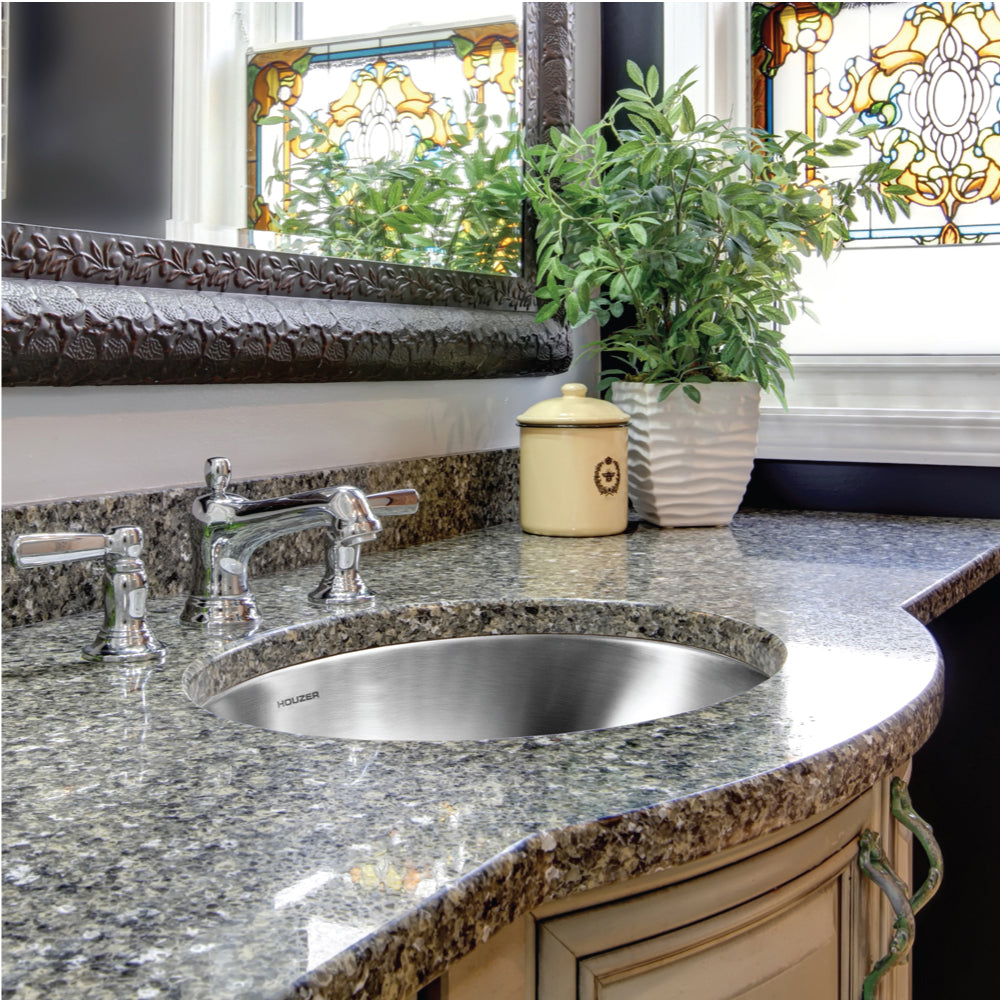Houzer CHO-1800-1 Opus 18 Inch Stainless Steel Undermount Oval Bowl Bathroom Sink With Overflow Drain Assembly