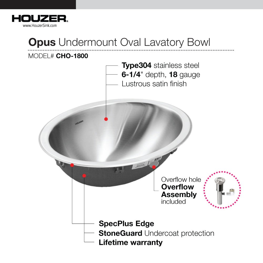 Houzer CHTO-1800-40 Opus 18 Inch Stainless Steel Drop-In Oval Bowl Bathroom Sink With Overflow Drain Assembly