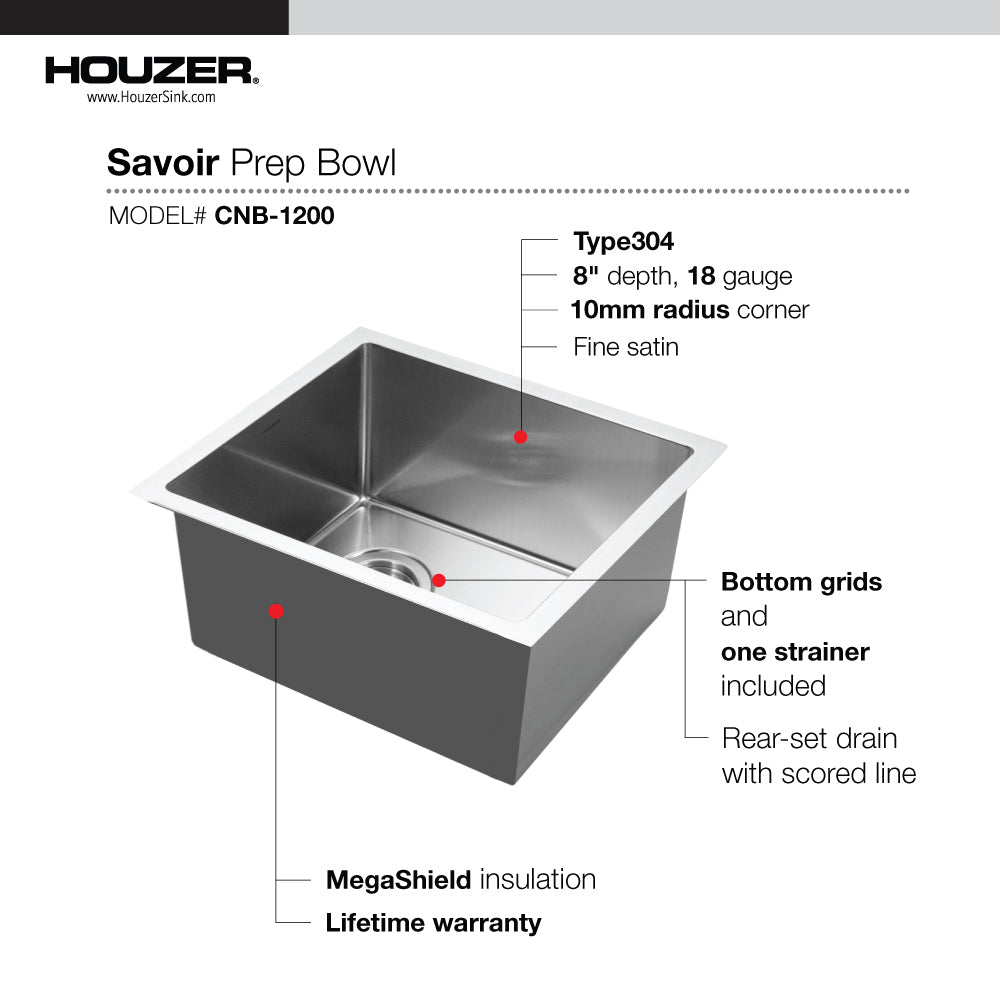 Houzer CNB-1200 Savior 12 Inch Stainless Steel Undermount Kitchen Bar Sink