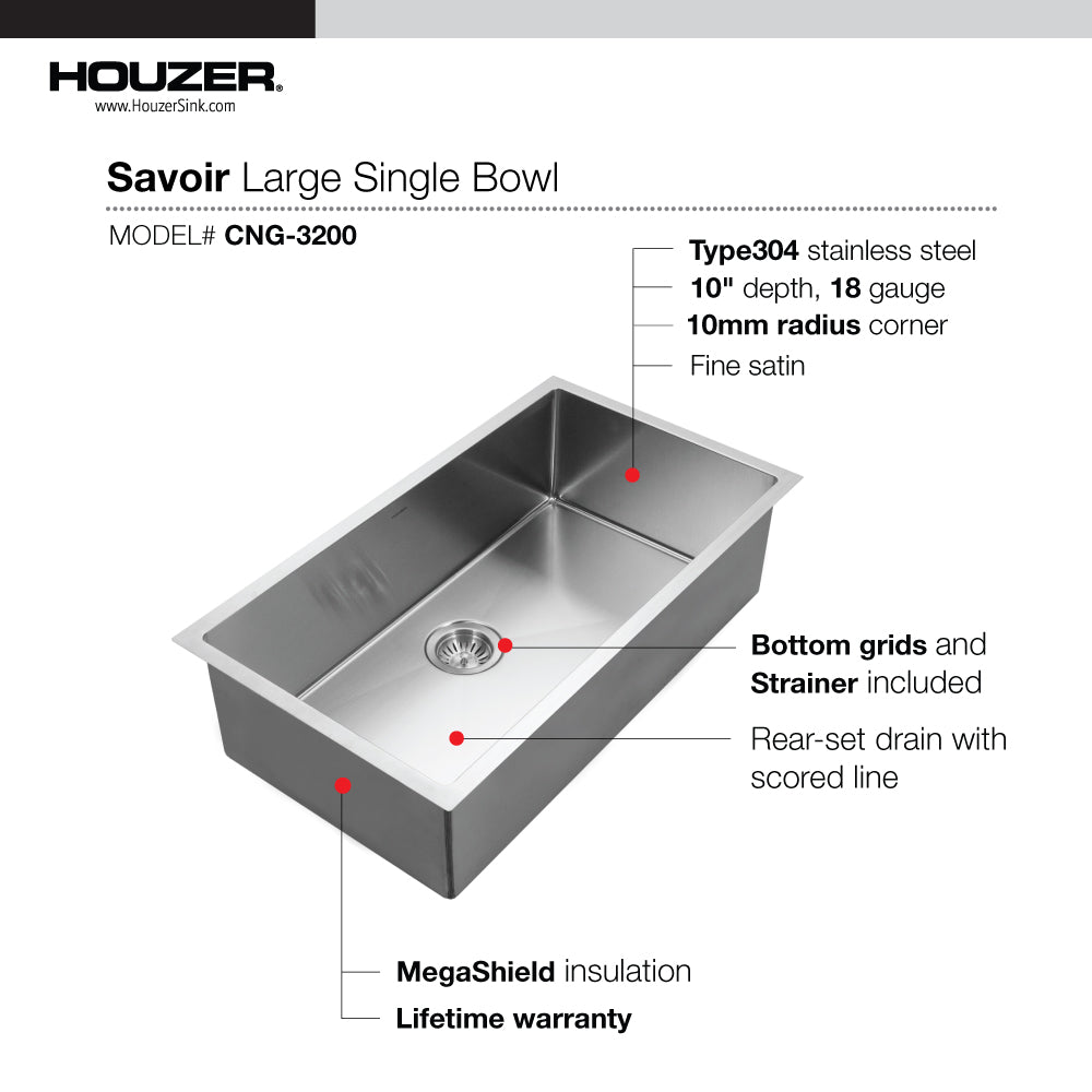 Houzer CNG-3200 Savior 32 Inch Stainless Steel Undermount Single Bowl Kitchen Sink
