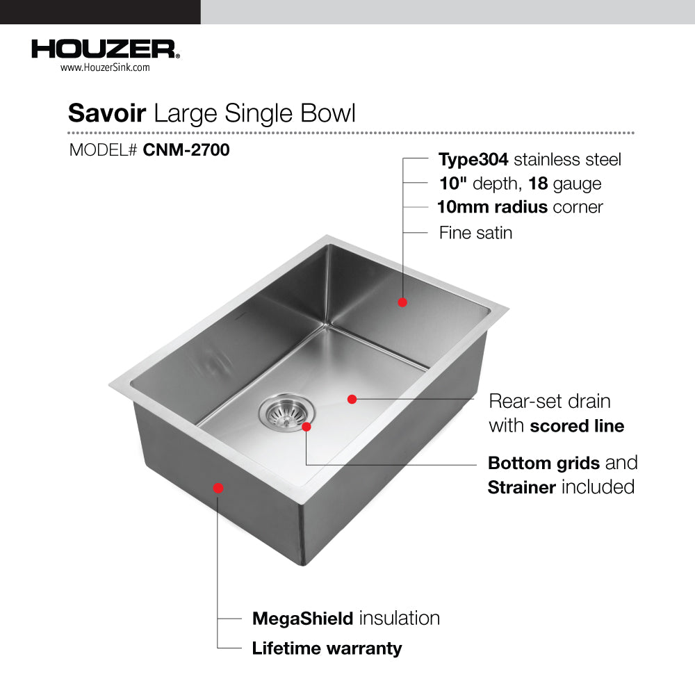 Houzer CNM-2700 Savior 27 Inch Stainless Steel Undermount Single Bowl Kitchen Sink