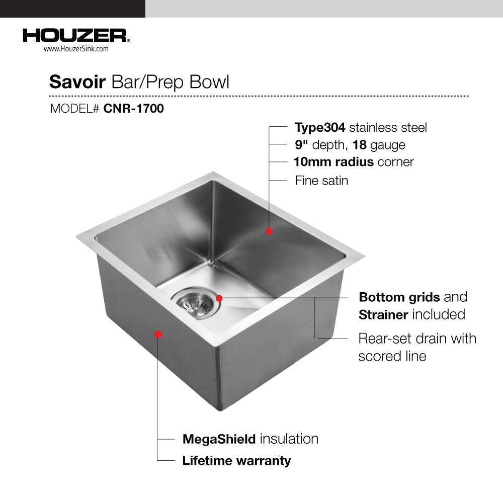 Houzer CNR-1700 Savior 17 Inch Stainless Steel Undermount Medium Bowl Kitchen Bar Sink