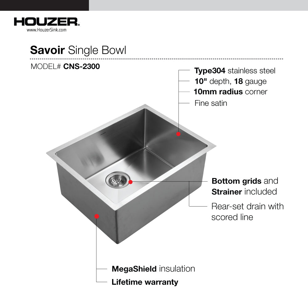Houzer CNS-2300 Savior 23 Inch Stainless Steel Undermount Single Bowl Kitchen Sink