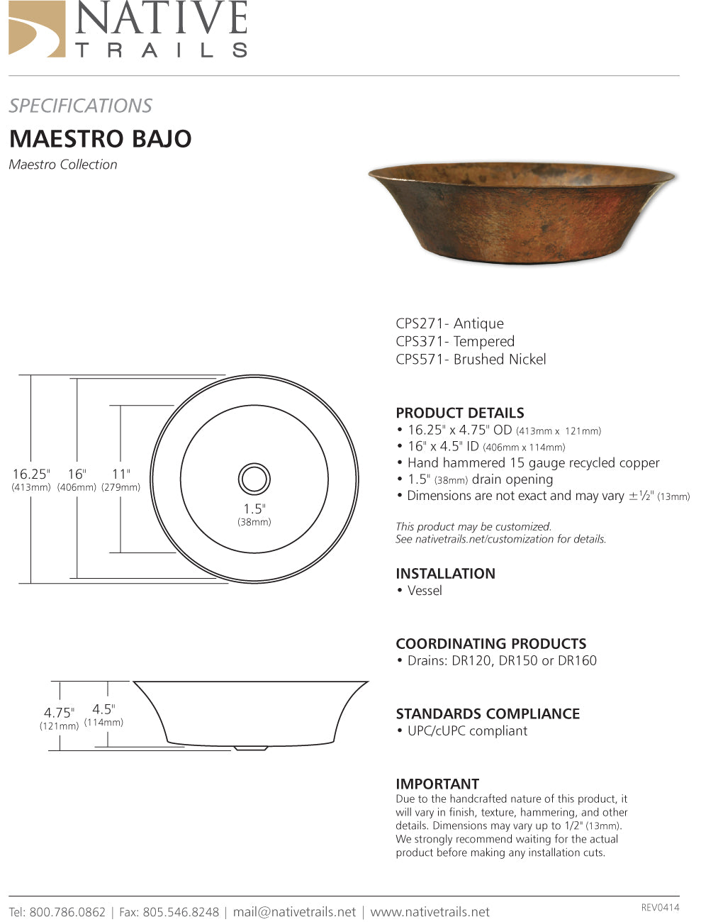 Native Trails CPS271 Maestro Bajo Bathroom Vessel Sink in Antique Copper