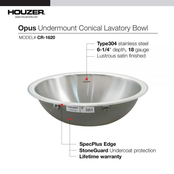 Houzer CRO-1620-1 Opus 16 Inch Stainless Steel Undermount Round Bathroom Sink With Overflow Drain Assembly