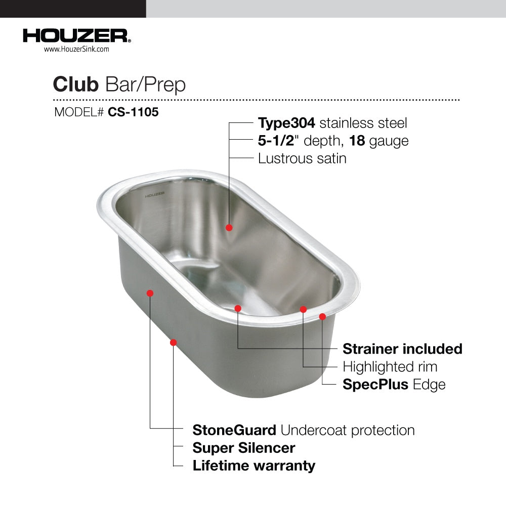Houzer CS-1105-1 Club 10 Inch Stainless Steel Undermount Compact Single Bowl Bar Sink