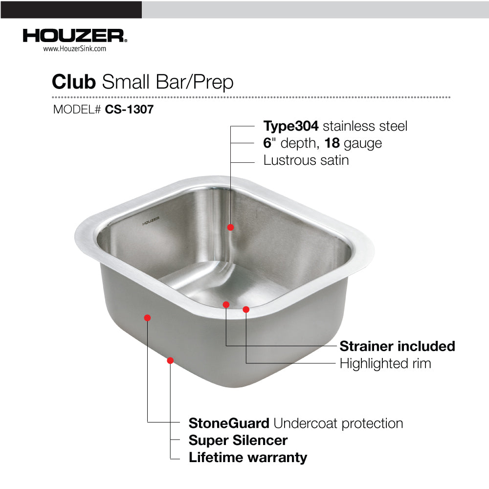 Houzer CS-1307-C Club 13 Inch Stainless Steel Undermount Small Bar and Prep Sink