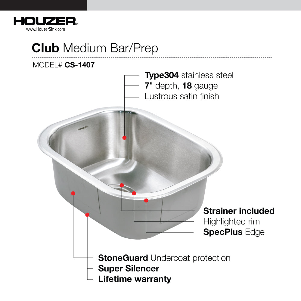 Houzer CS-1407-C Club 14 Inch Stainless Steel Undermount Medium Bar and Prep Sink
