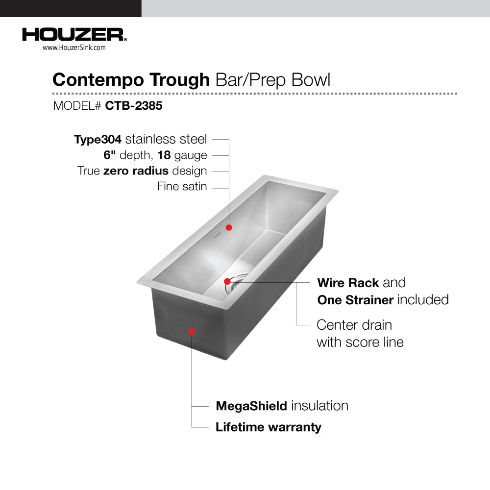 Houzer CTB-2385 Contempo Trough 23 Inch Stainless Steel Undermount Bar Sink