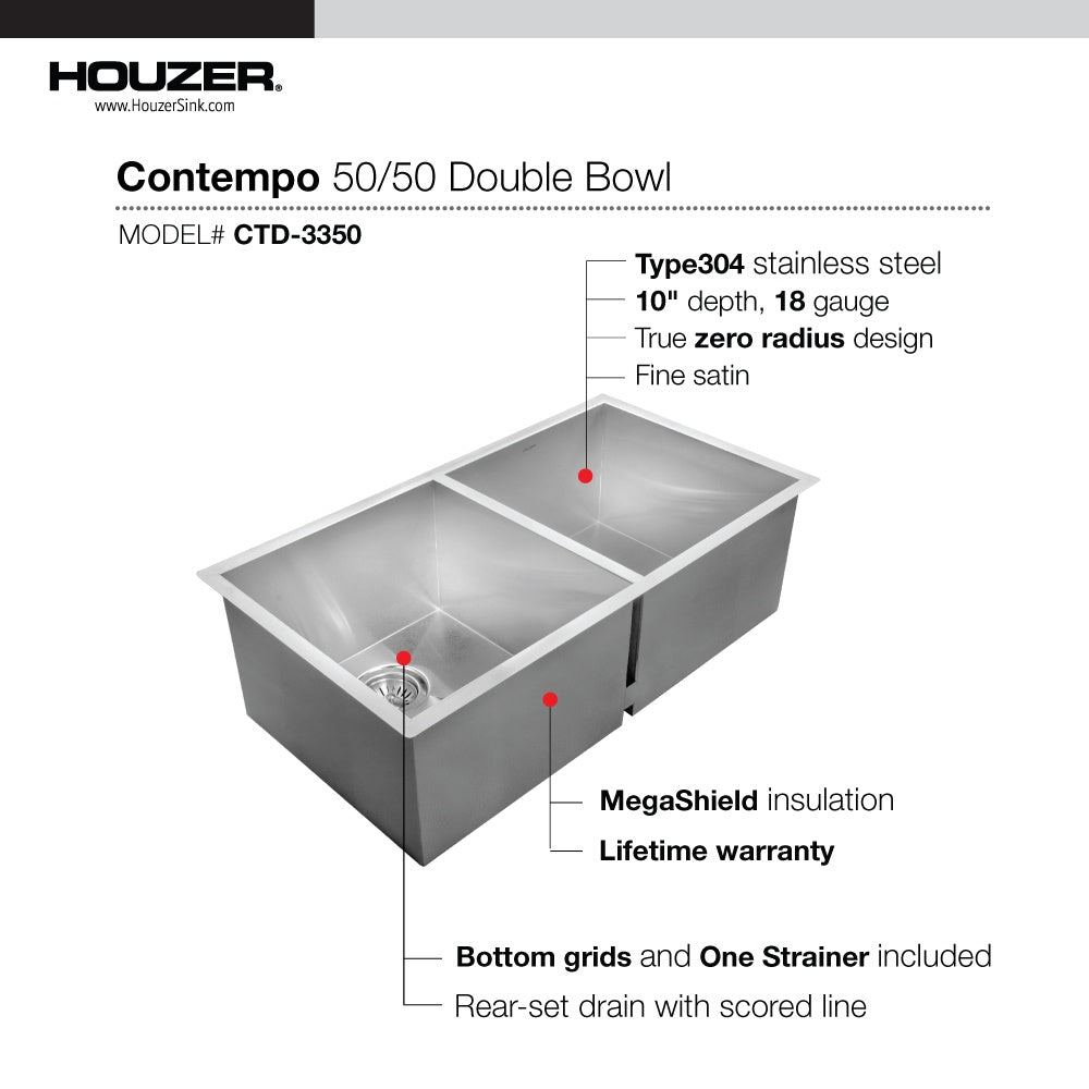Houzer CTD-3350 Contempo 33 Inch Stainless Steel Undermount 50/50 Double Bowl Kitchen Sink