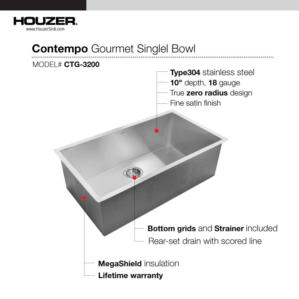 Houzer CTG-3200 Contempo 32 Inch Stainless Steel Undermount Single Bowl Kitchen Sink