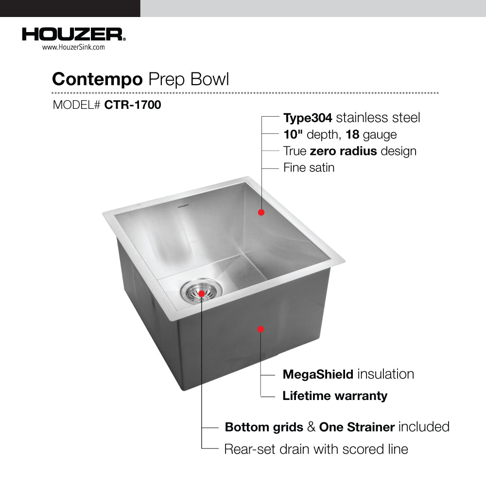 Houzer CTR-1700 Contempo 17 Inch Stainless Steel Undermount Single Bowl Bar Sink