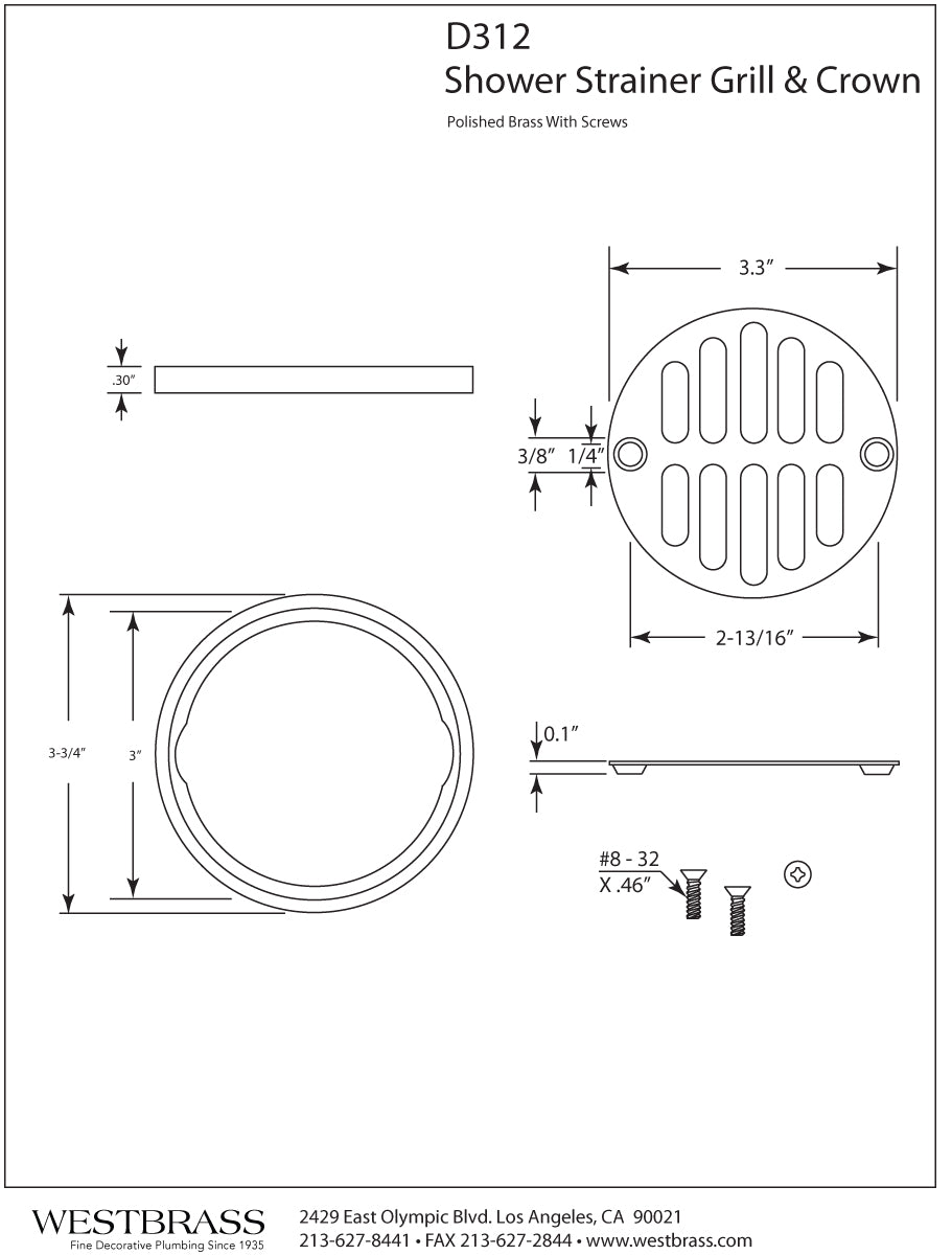 Westbrass D312 Shower Strainer Set with Screws, Grill and Crown - Parent