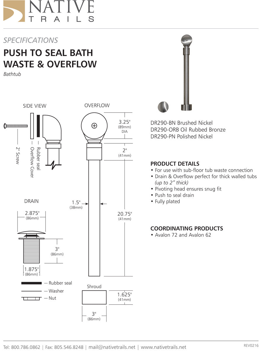 Native Trails DR290 Trip Lever Bath Waste & Overflow for Avalon - Parent