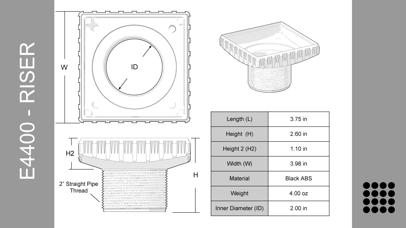 Ebbe E4401-E4400. Square Plate Drain Grate and Drain Riser w/ Hair Trap & T-Puller