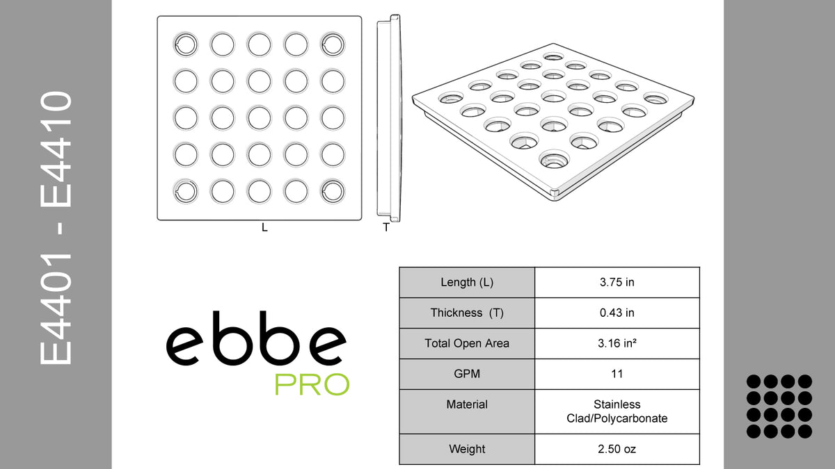 Ebbe E4401 Square Drain Grate, E4022 ABS Clamp Collar w/ Drain Riser, Hair Trap & T-Puller