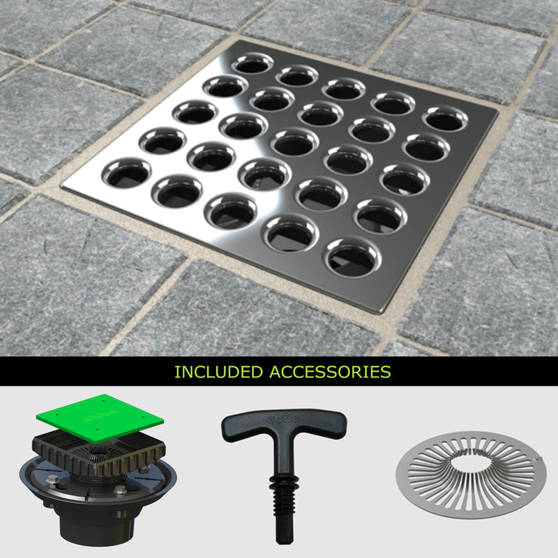 Ebbe Square Shower Drain Grate, E4022 ABS Clamp Collar w/ Drain Riser, - Parent