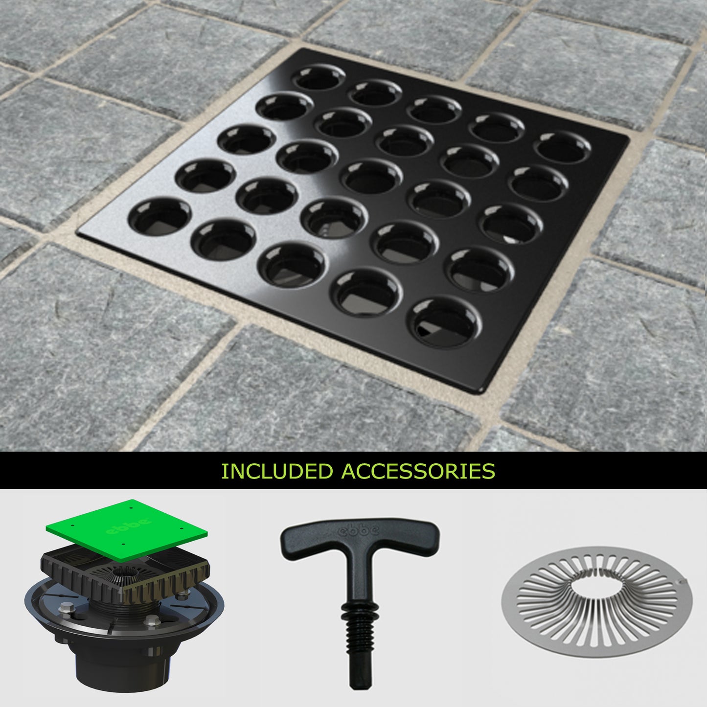Ebbe E4401 Square Drain Grate, E4022 ABS Clamp Collar w/ Drain Riser, Hair Trap & T-Puller