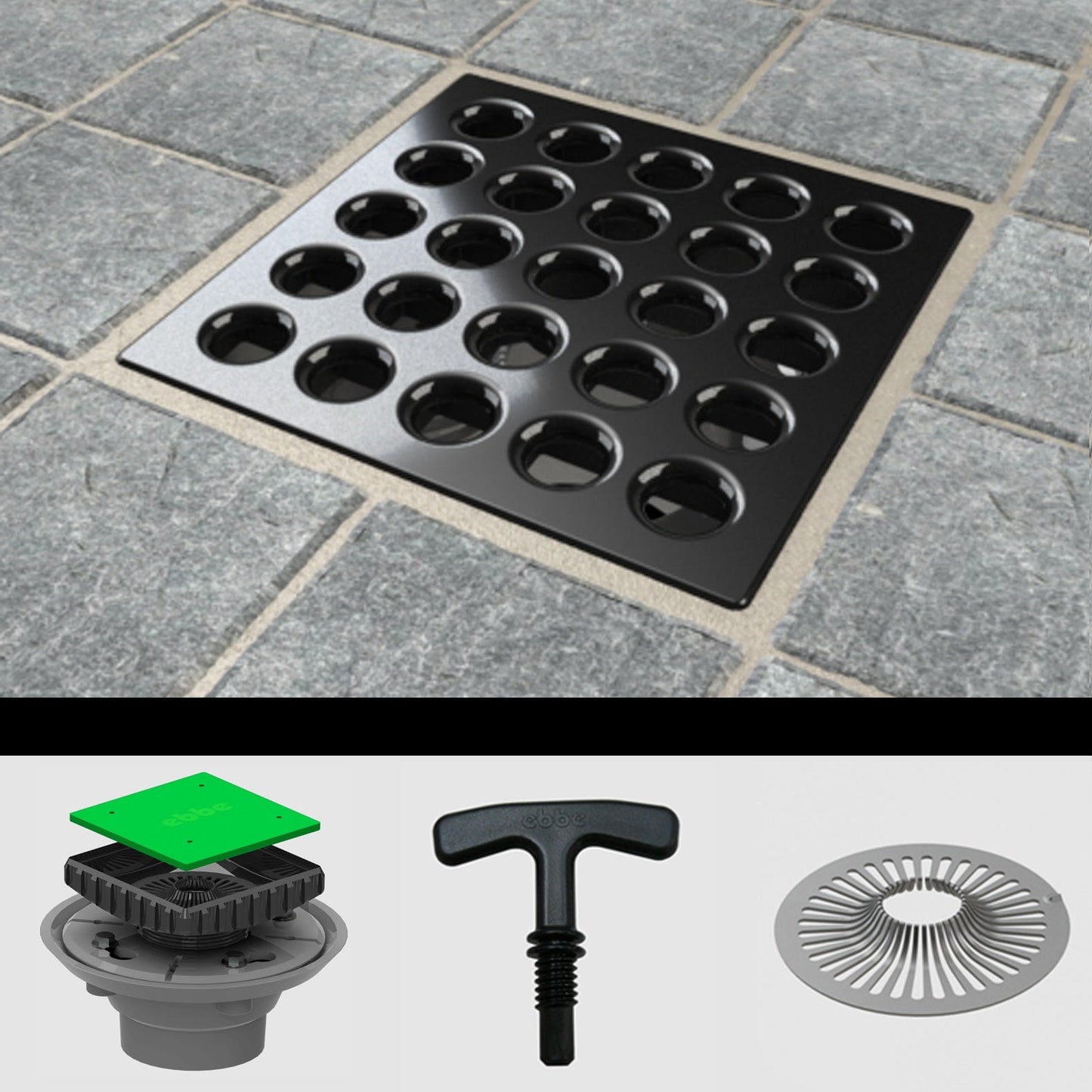 Ebbe E4401 Square Drain Grate, E4022 ABS Clamp Collar w/ Drain Riser, Hair Trap & T-Puller