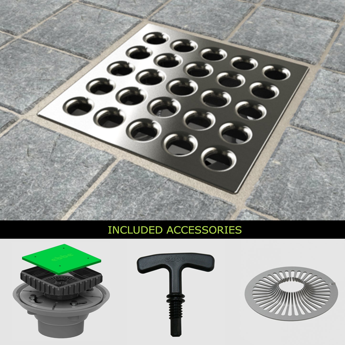 Ebbe E4401 Square Drain Grate, E4024 PVC Clamp Collar w/ Drain Riser, Hair Trap & T-Puller