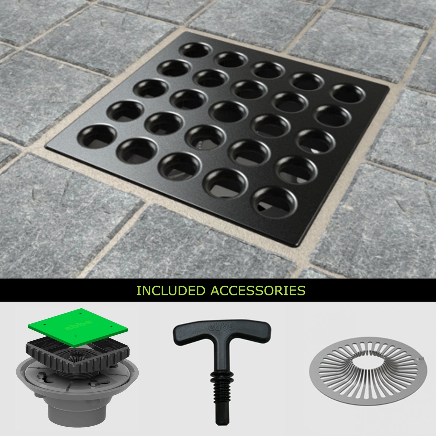 Ebbe E4401 Square Drain Grate, E4024 PVC Clamp Collar w/ Drain Riser, Hair Trap & T-Puller