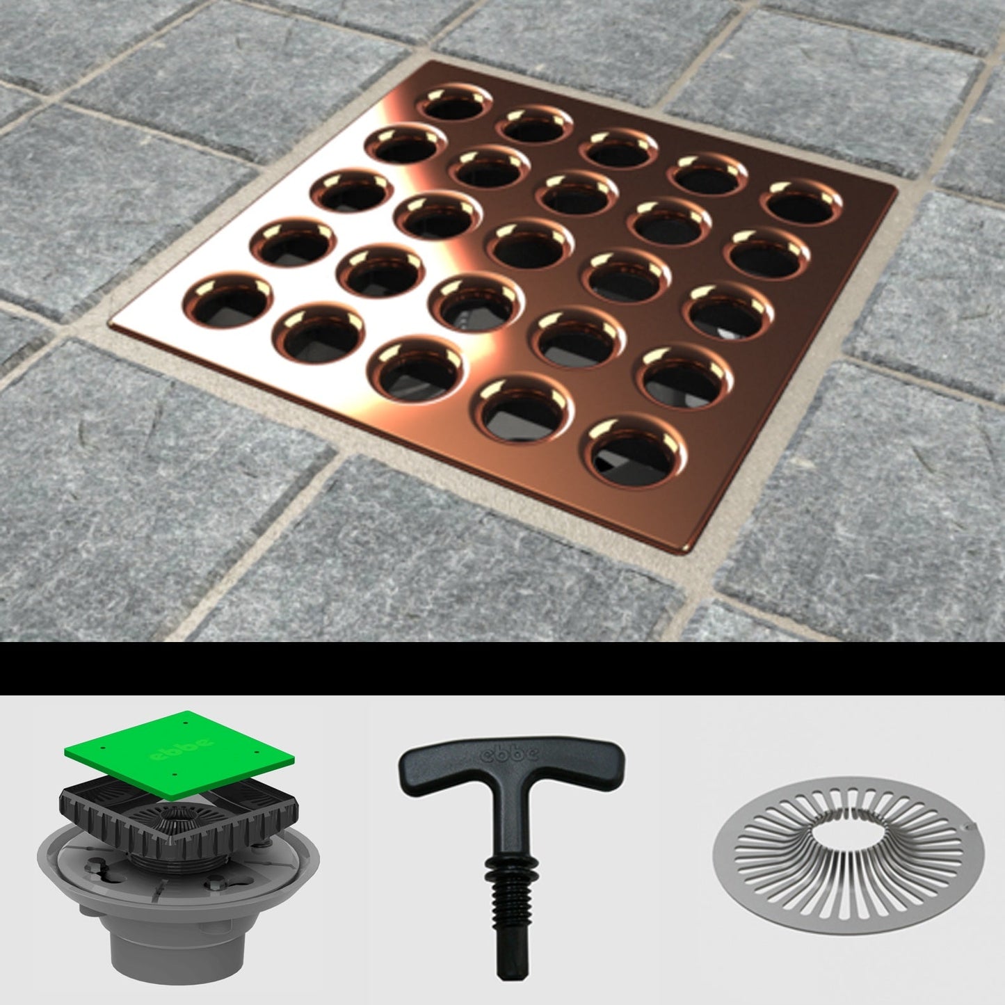 Ebbe E4401 Square Drain Grate, E4024 PVC Clamp Collar w/ Drain Riser, Hair Trap & T-Puller