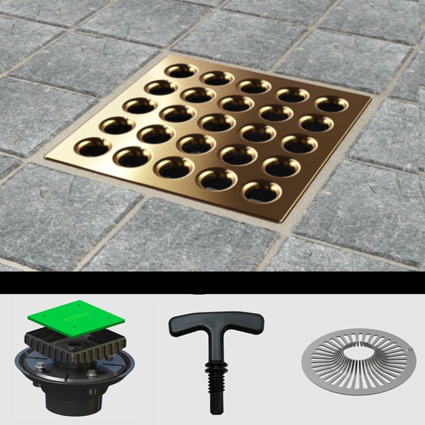 Ebbe E4401 Square Drain Grate, E4022 ABS Clamp Collar w/ Drain Riser, Hair Trap & T-Puller