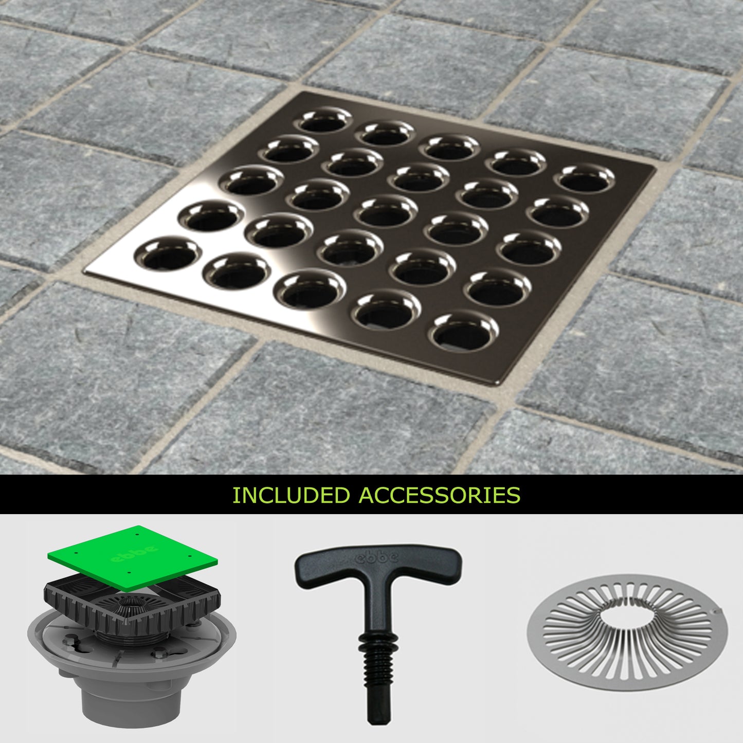 Ebbe E4401 Square Drain Grate, E4024 PVC Clamp Collar w/ Drain Riser, Hair Trap & T-Puller