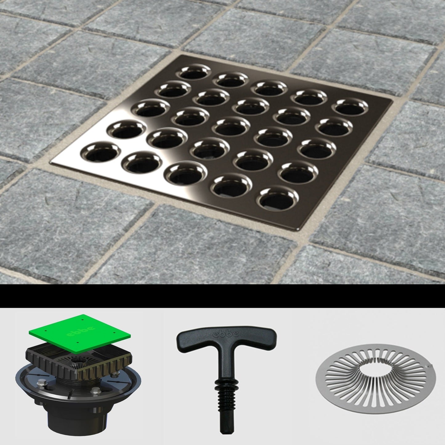 Ebbe E4401 Square Drain Grate, E4022 ABS Clamp Collar w/ Drain Riser, Hair Trap & T-Puller
