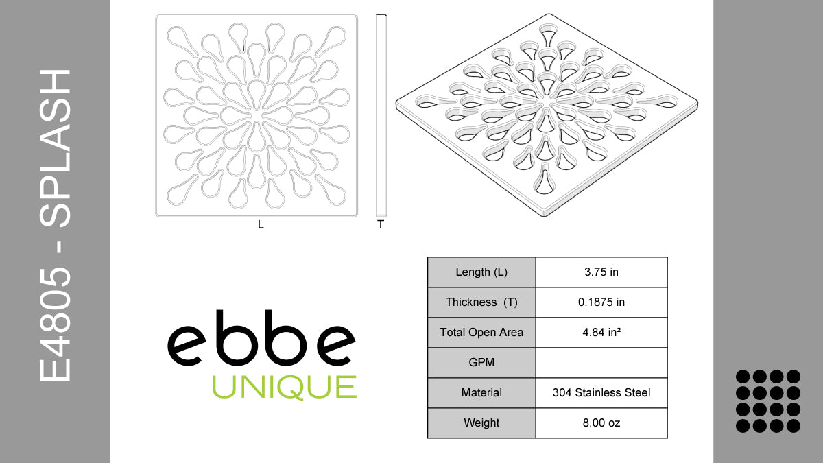 eBBe E4805Splash 3.75" x 3.75" 304 Stainless Steel Drain - Parent