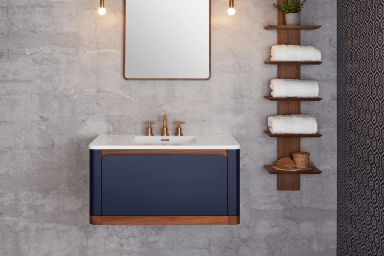 Wet Style EBHS30WM-L29L29-W1 Bauhaus Vanity 30 Wall Mount, Lacquer Black Facade And Sides, Oak Natural Trim And Dovetail Maple Int. Drawer