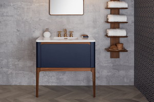 Wet Style EBHS36WML-L27W37 Bauhaus Vanity 36 Wall Mount With Legs, Lacquer Pacific Blue Facade And Sides, Oak Coffee Bean Legs, Trim And Dovetail Maple Int. Drawer