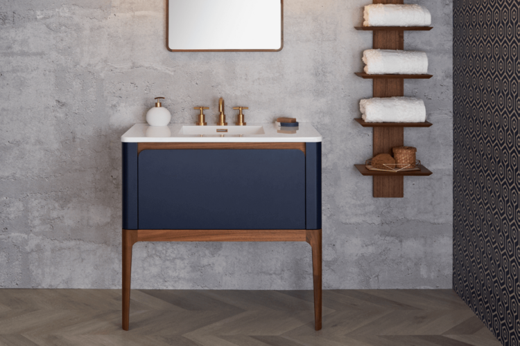 Wet Style EBHS48CWML-W37L27 Bauhaus Vanity 48C Wall Mount With Legs, Oak Coffee Bean Sides Dr. Facade, Lacquer Pacific Blue Legs Trim, Dovetail Maple Int. Drawer