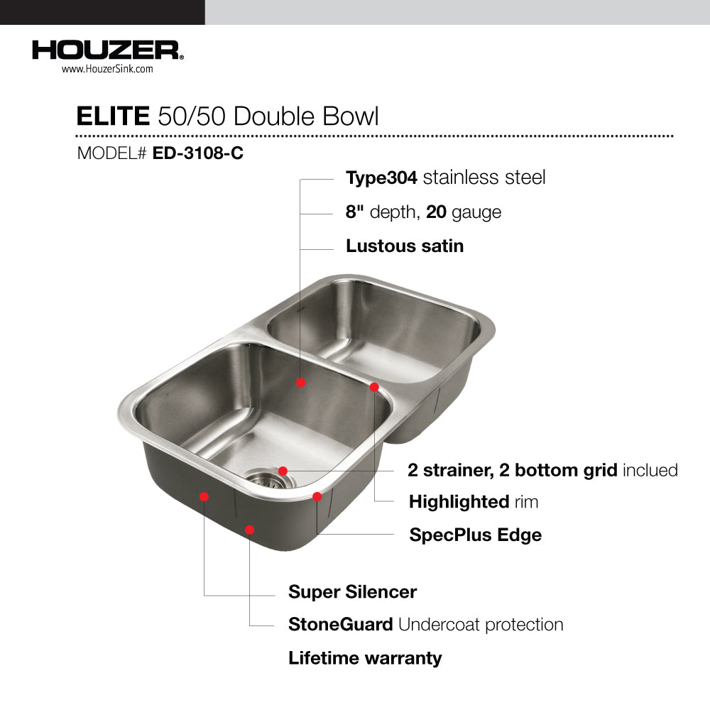 Houzer ED-3108-C Elite 31 Inch Stainless Steel Undermount 50/50 Double Bowl Kitchen Sink