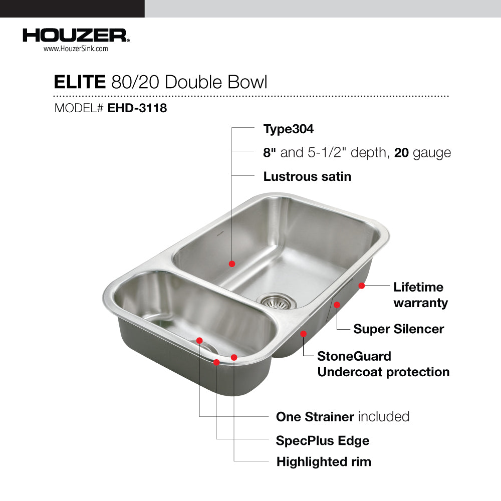 Houzer EHD-3118-20 Elite 31 Inch Stainless Steel Undermount 80/20 Small Left Double Bowl Kitchen Sink