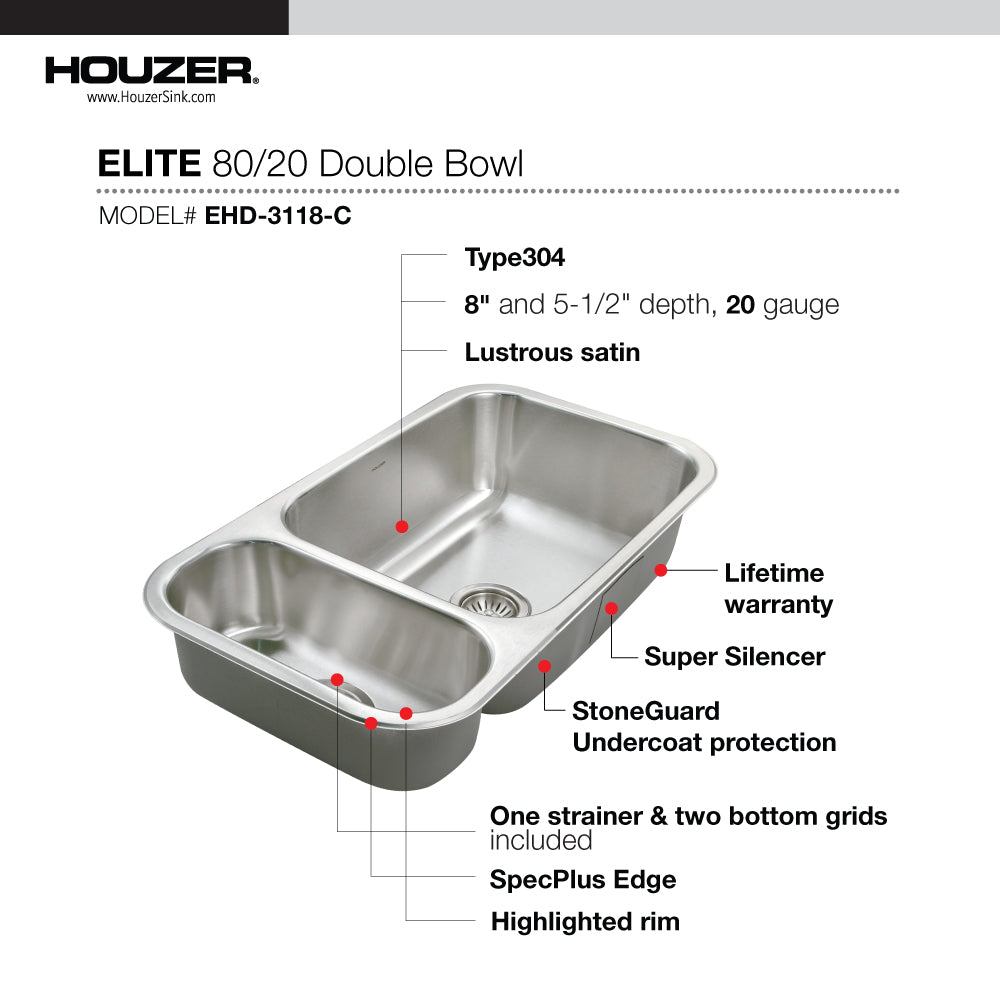Houzer EHD-3118-C Elite 31 Inch Stainless Steel Undermount 80/20 Small Left Double Bowl Kitchen Sink