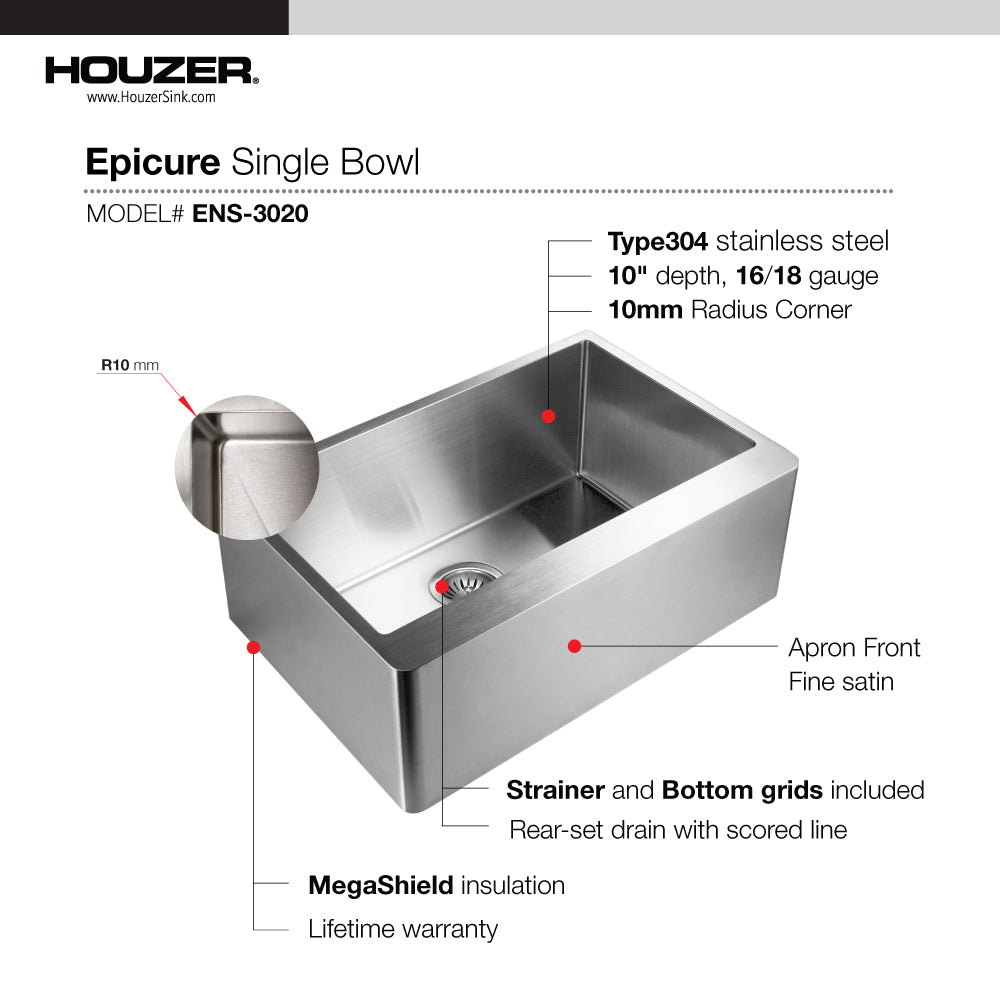 Houzer ENS-3020 Epicure 30 Inch Apron Front Farmhouse Single Bowl Kitchen Sink