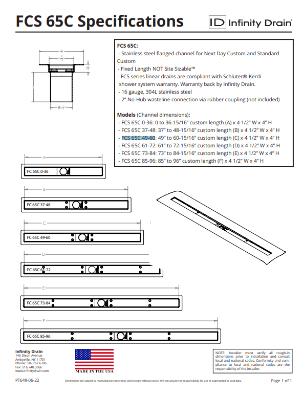 Infinity Drain FCS 65C 61-72 SS Custom FCS Fixed Flange With Schluter-Kerdi Fabric Channel 61"-72" Length With Custom 2" No-Hub Outlet Location