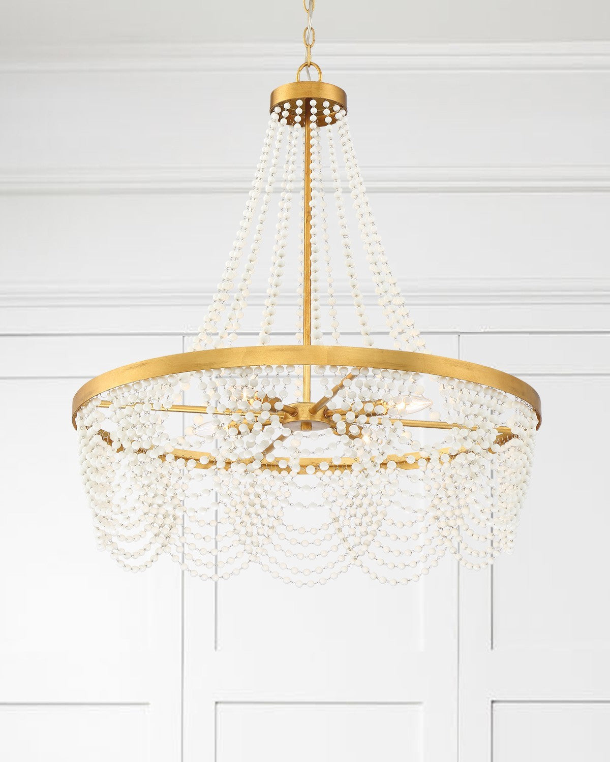 Crystorama FIO-A9104-GA-WH Fiona 4 Light Chandelier with White Beads - Antique Gold