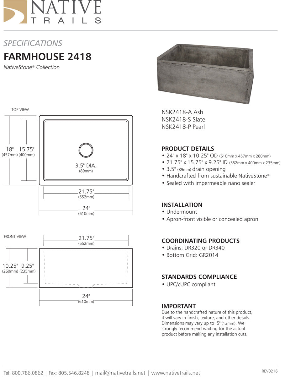 Native Trails NSK2418 20" Farmhouse 2418 Kitchen Undermount Sink - Parent