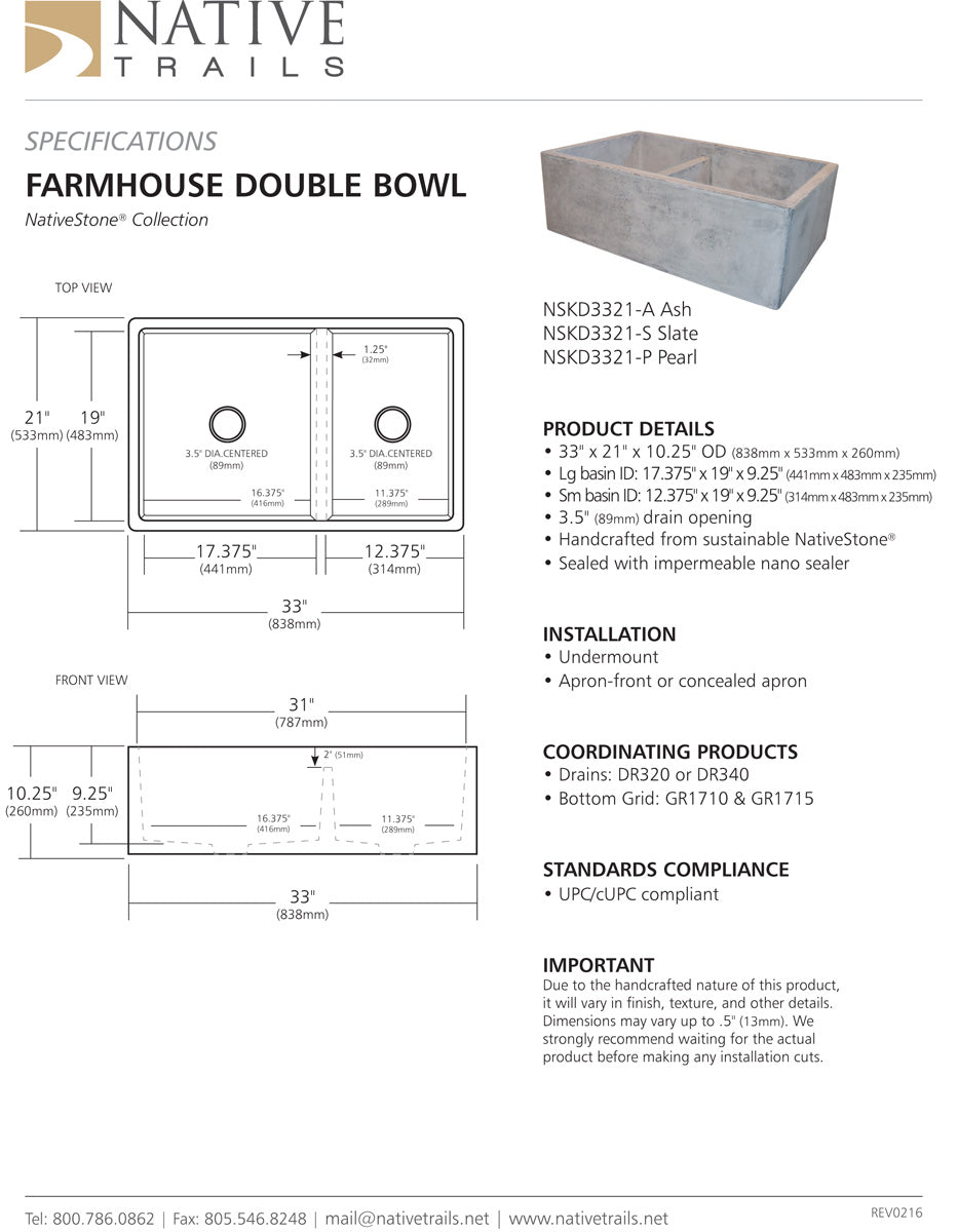 Native Trails NSKD3321 Farmhouse 33" Double Bowl Kitchen Undermount Sink - Parent