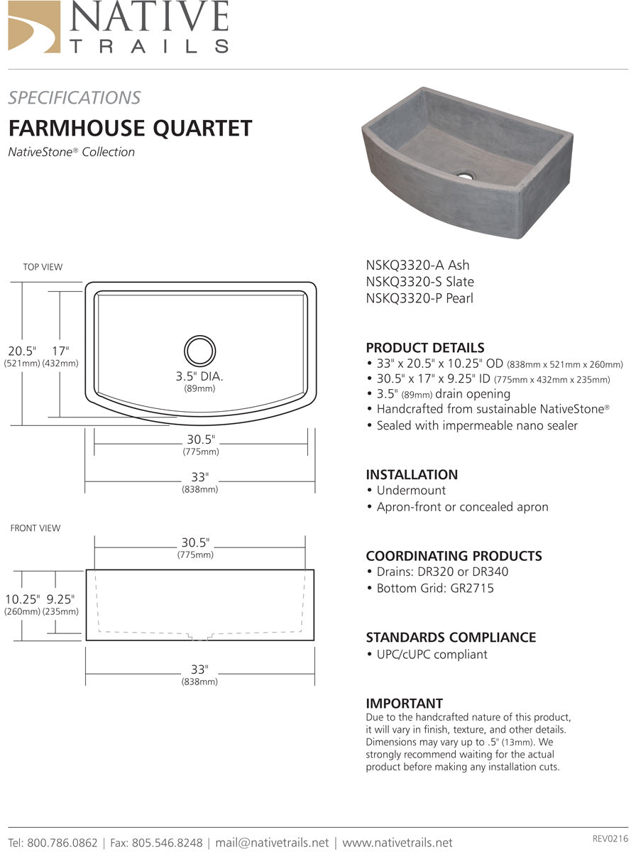 Native Trails NSKQ3320 33" Farmhouse Quartet Undermount Kitchen Sink - Parent