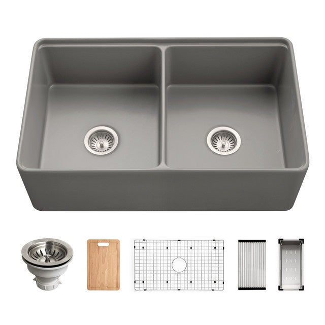 Hamat KIL-3320DW Kilncrest 33" Apron-Front Fireclay Workstation Double Bowl Kitchen Sink