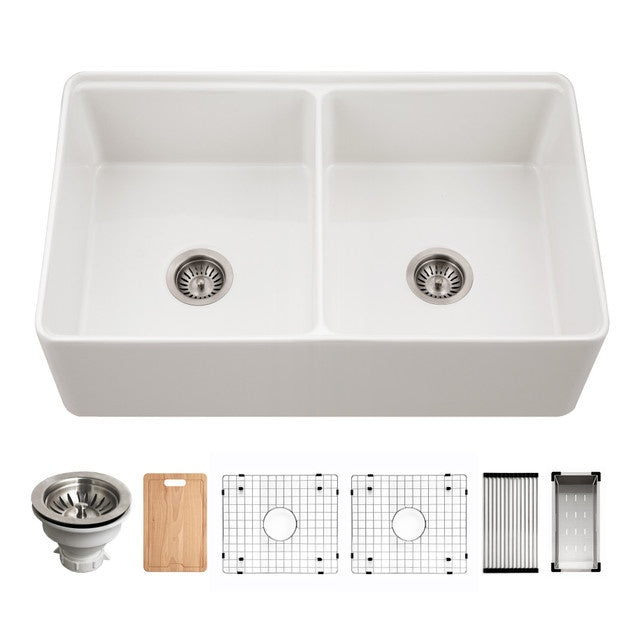 Hamat KIL-3320DW Kilncrest 33" Apron-Front Fireclay Workstation Double Bowl Kitchen Sink