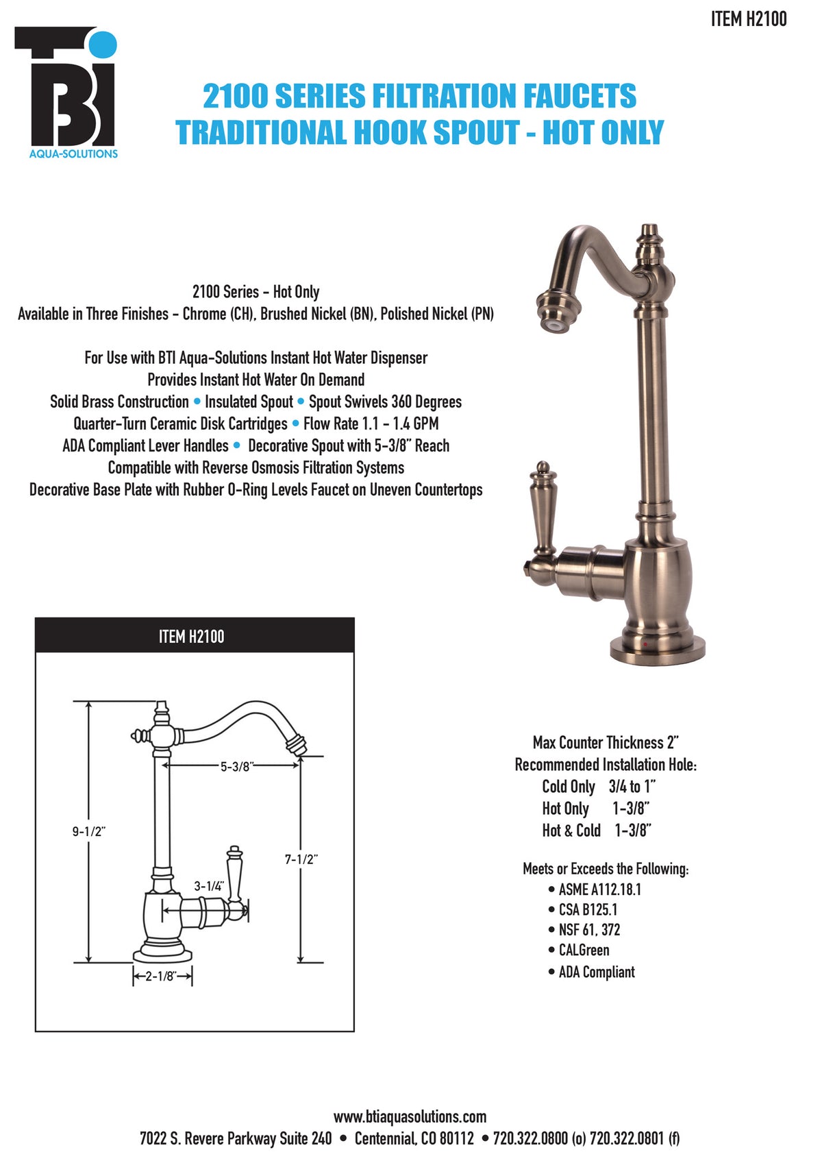 BTI HT-H2100 Traditional Hook Spout Hot Only Filtration Faucet w/ Digital Hot Water Tank - Parent