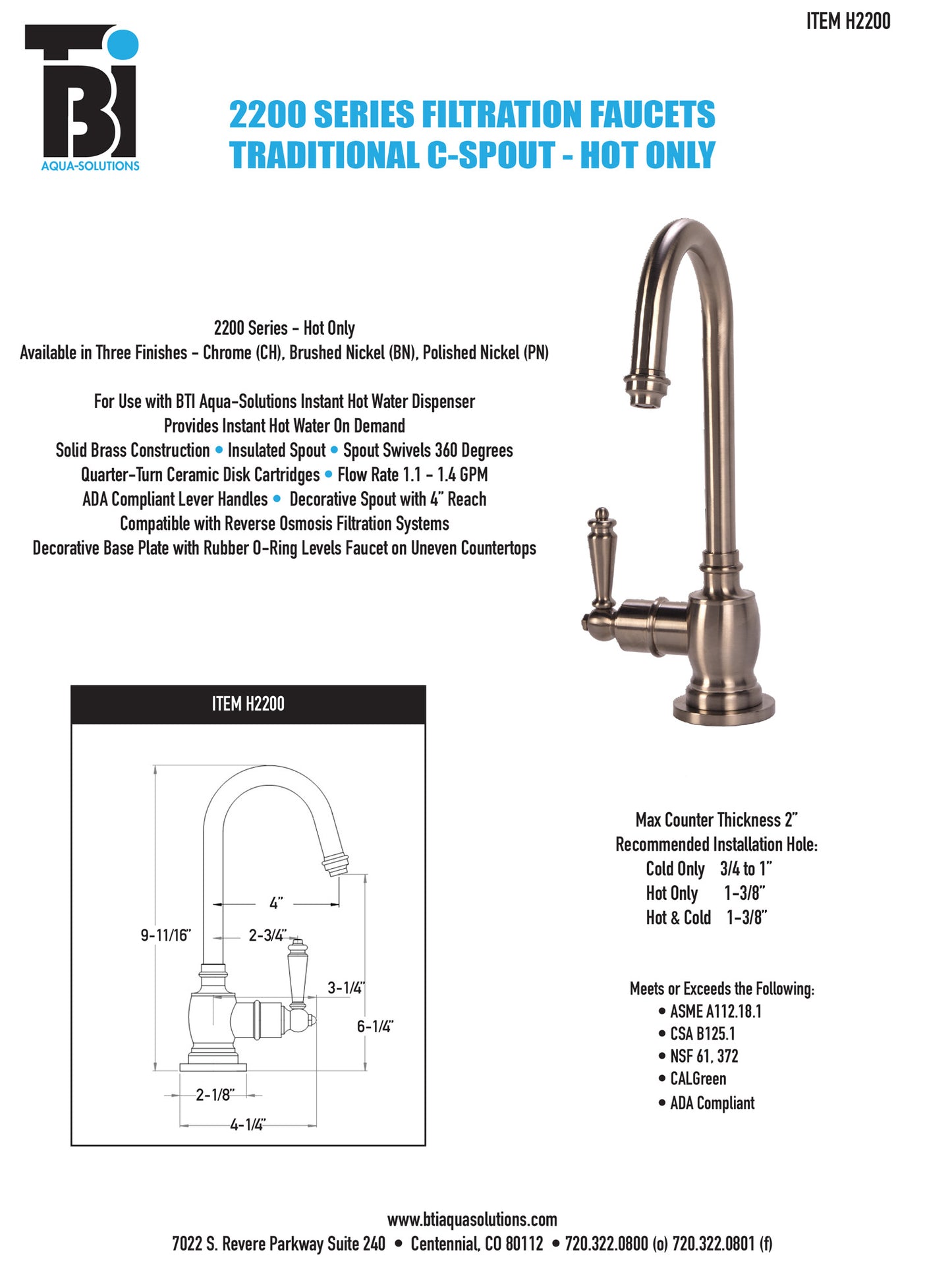 BTI HT-H2200 Traditional C-Spout Hot Only Filtration Faucet - Parent