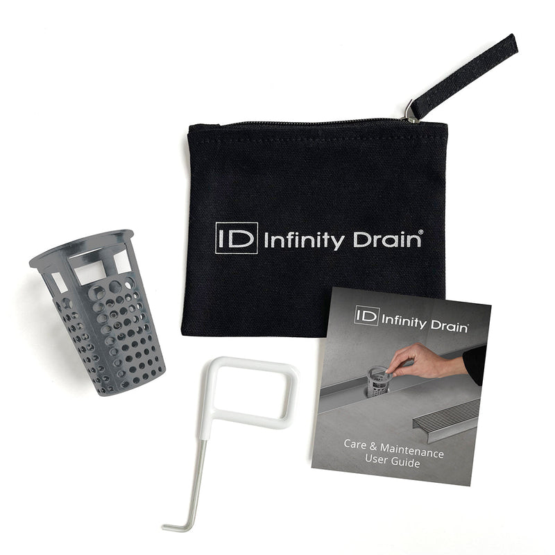 Infinity Drain HMK-C2-D Hair Maintenance Kit. Includes maintenance guide, DKEY Lift-out key, and HB 65 Hair Basket.